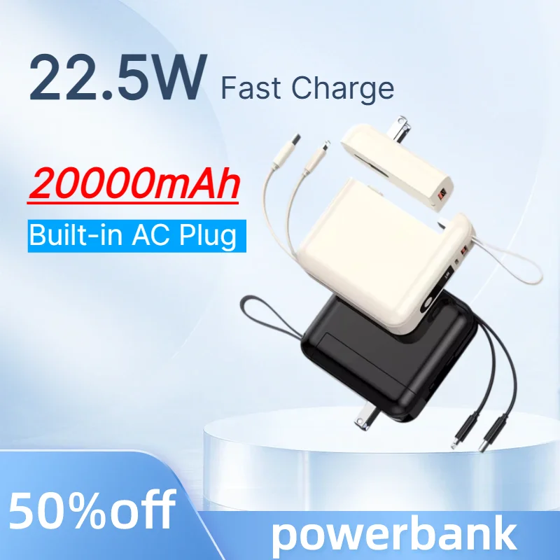 PowerBank 20000mAh Power Bank with AC Plug 22.5W Fast Charge Portable Charger For iPhone Samsung Android Phones