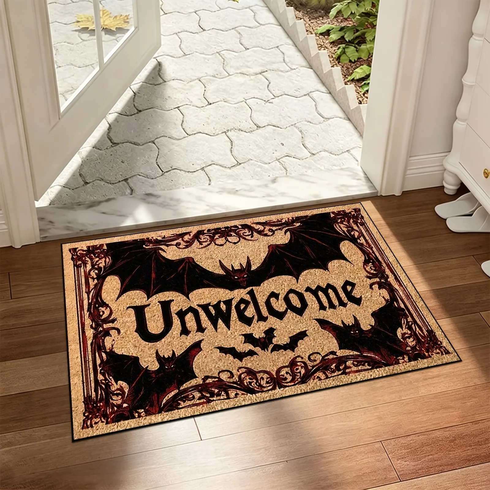 1pc Halloween Welcome Doormat - Non-Slip Soft Plush Heavy-Duty Gothic Bat with Red Lettering Design, Durable Non-Woven Fabric & Rubber Backing Indoor/Outdoor Mat, Suitable for Entryway, Porch, Garden Decor, 24