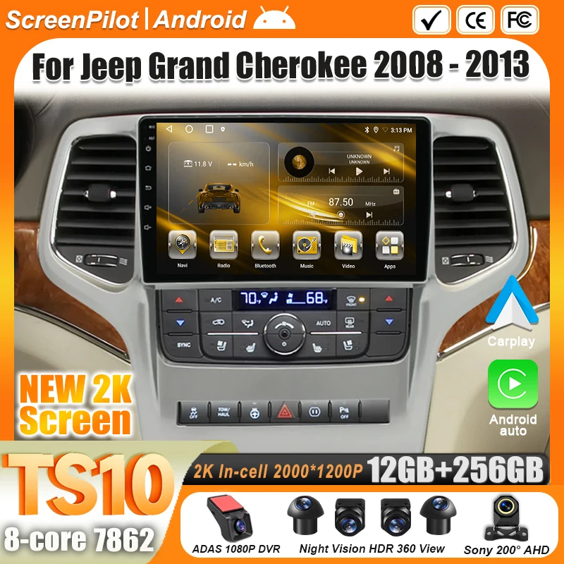 Android 16 Car Radio For Jeep Grand Cherokee 2008 2009 2010 2011 2012 2013 2 din Multimedia Video Player CarPlay Touch Screen