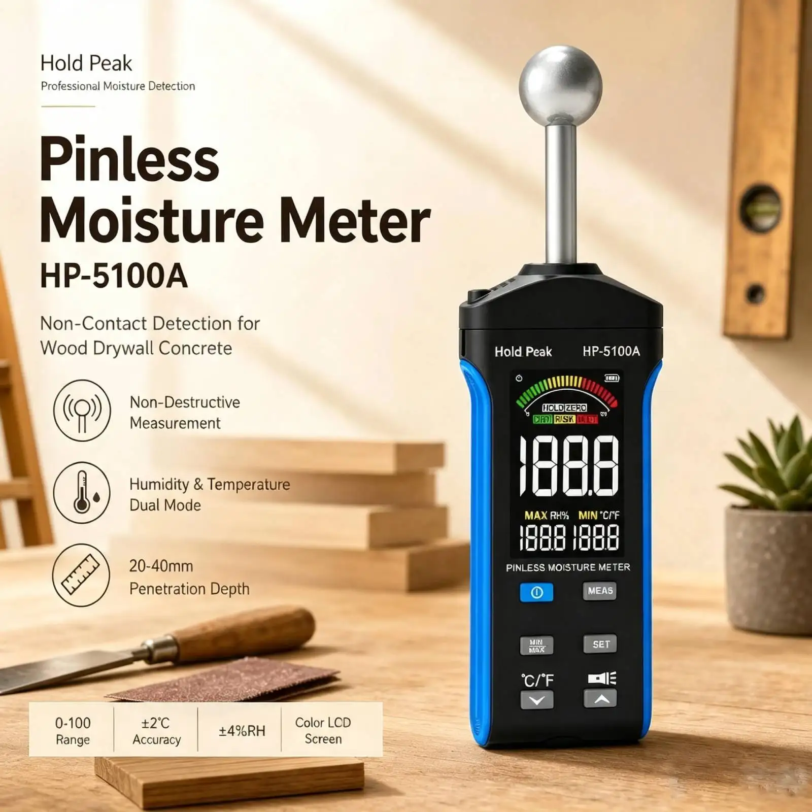 Non Contact Wood Moisture Meter 20-40mm Penetration 0-100 Range Data Hold Temp Humidity Detector for Wood Concrete Wall Floor