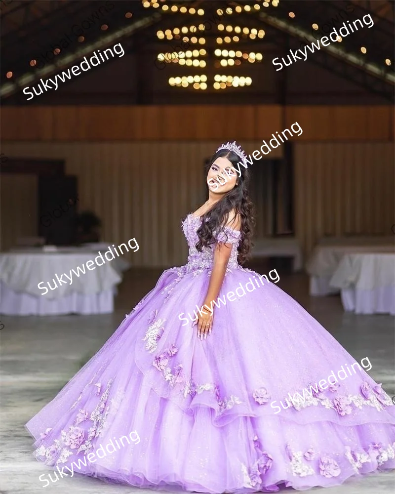 Lavender Princess Quinceanera Dresses Off Shoulder 3D Floral Appliques Corset Sweet 16 Birthday Party vestido debutante lilas