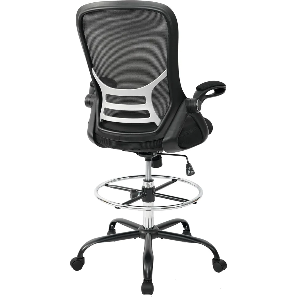 

Drafting Chair Tall Office Chair High-Back Mesh Standing Desk Stool with Adjustable Footrest Ring and Flip-Up Arms (Black）