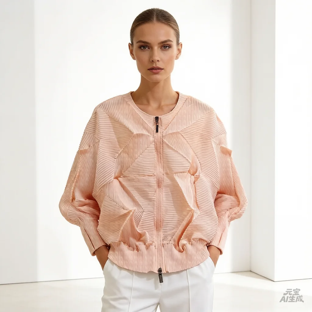 Miyake Pleated Spring New Arrival Oversized Jacket for Women Fashion Pleated Batwing Sleeve Solid Colour Zip-Up Cardigan Pleat