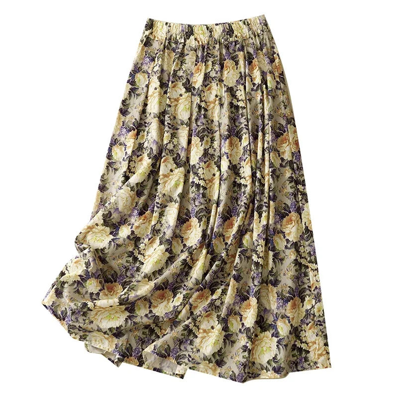 Vintage Women Skirts New Spring/summer Cotton Linen High Waist Loose Printed Chinese Style Skirt A-LINE Clothing 2024 Korean