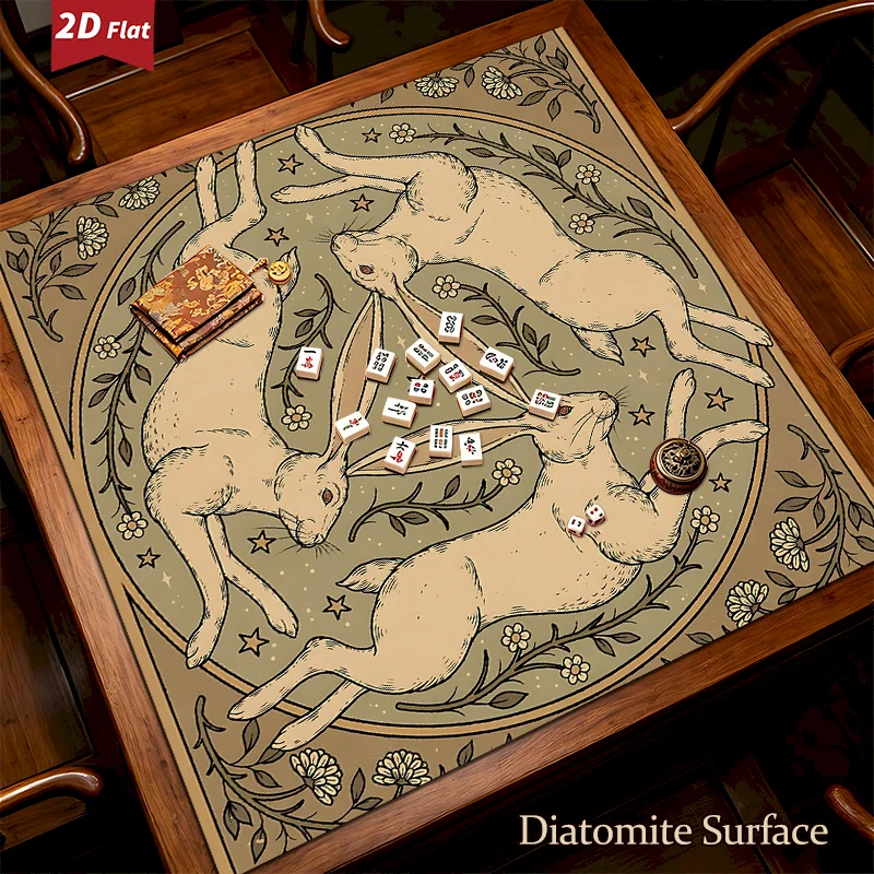 VIKAMA Retro Rabbit Star Flower Art Printed Mahjong Table Mat Anti Slip Noise Reduction Absorbent Mat Home Decoration