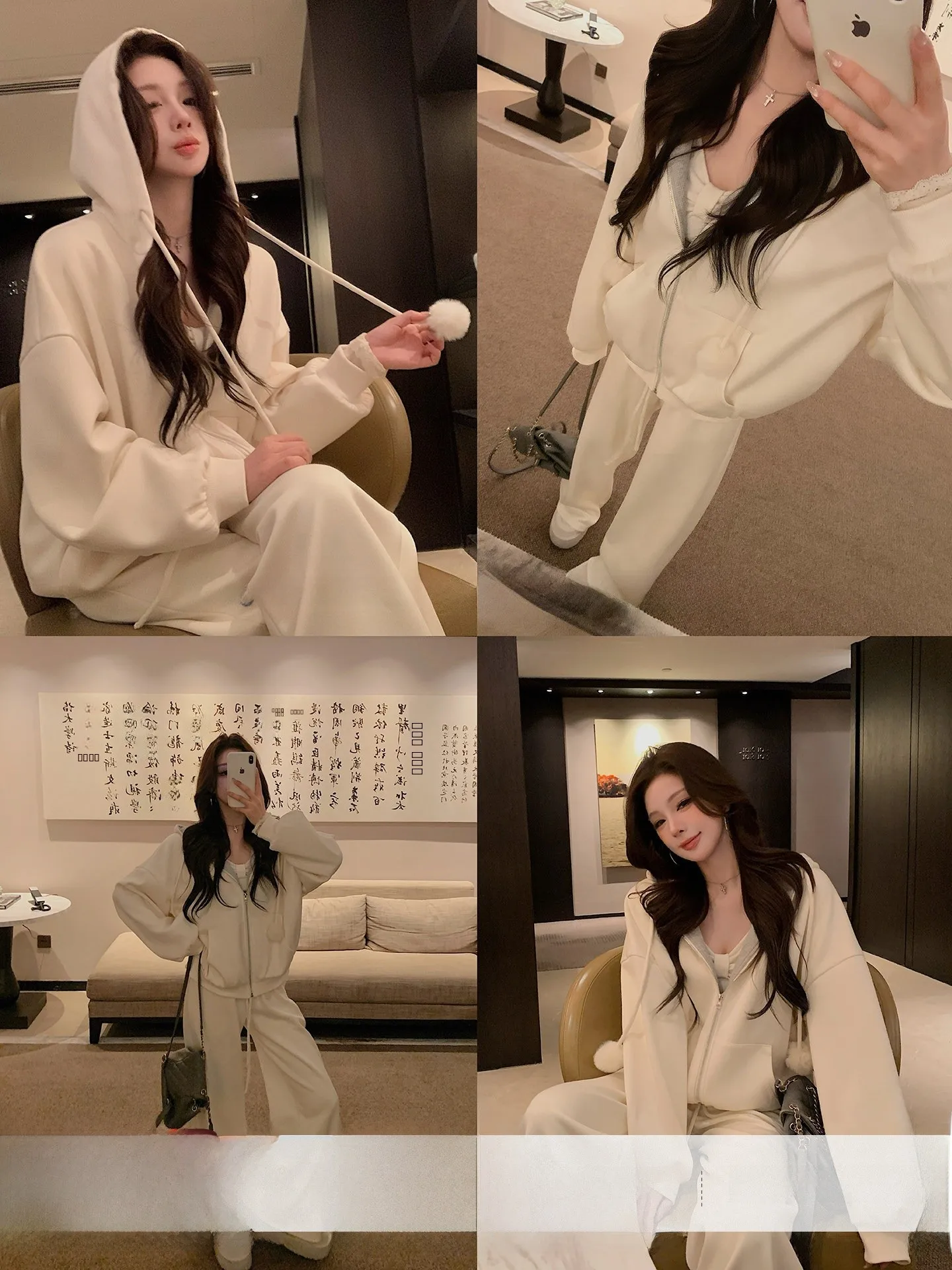 

Ultra-Soft Fce Lazy Sle Hoodie Set Women's Loose Casual Pants Sweatirt Ensemble Long Sve Zipper Closure Spring Wear