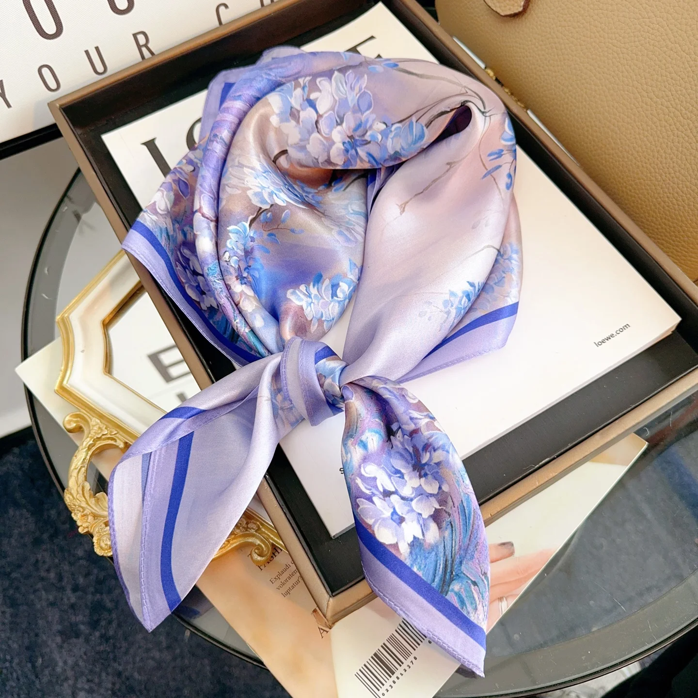 パープルエレガント春夏花柄-00-桑シルクスクエアスカーフ女性の多用途装飾ネックスカーフファッショナブルなトレンディ