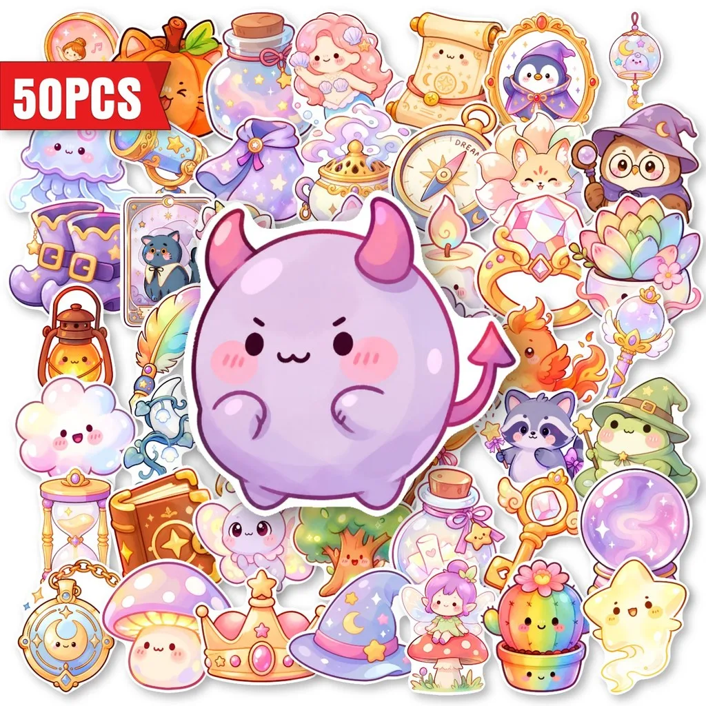 50Pcs Soft Magical Fairy Tale Stickers, Cartoon Patterns of Elves, Mermaids and Magic Props, Waterproof Decals Papery Pop Store
