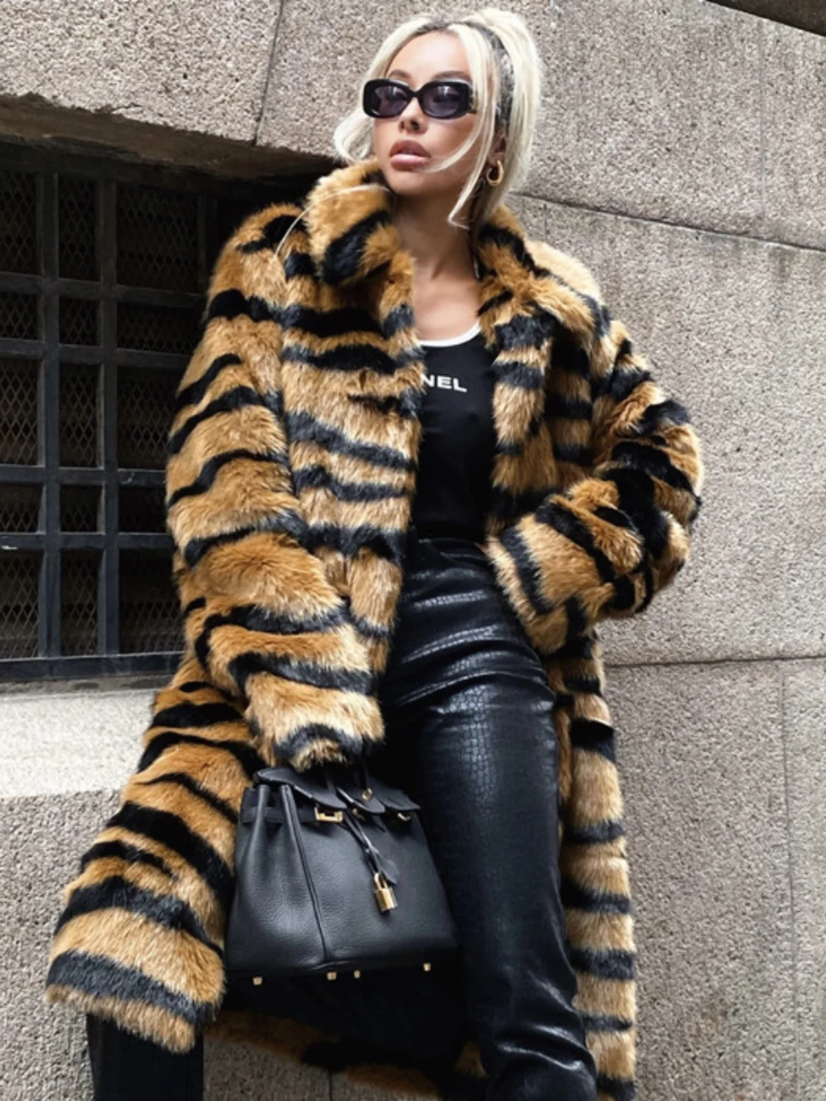 

Long Faux Fur Coat Artificial Hair Loose Outerwear Simulation Tiger Pattern Skin Leather Jaet Street Sle Double Layer Collar