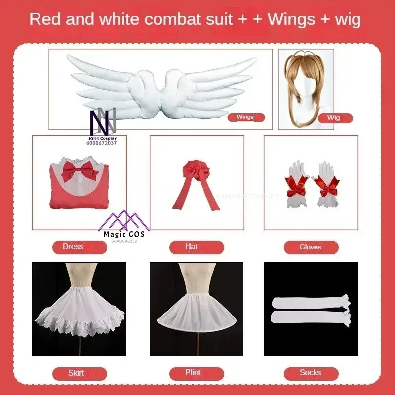 여자 핑크 애니메이션 Carcaptor 사쿠라 공주 드레스 코스프레 의상 로리타 드레스 가발 키즈 카드 전투 유니폼 예산 친화적 인