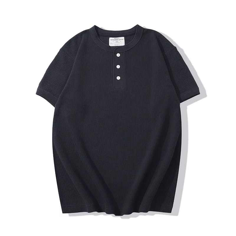 Summer New Amikaji Basic Waffle 230g Solid Color Henry Collar Short Sleeve T-shirt Henry Shirt