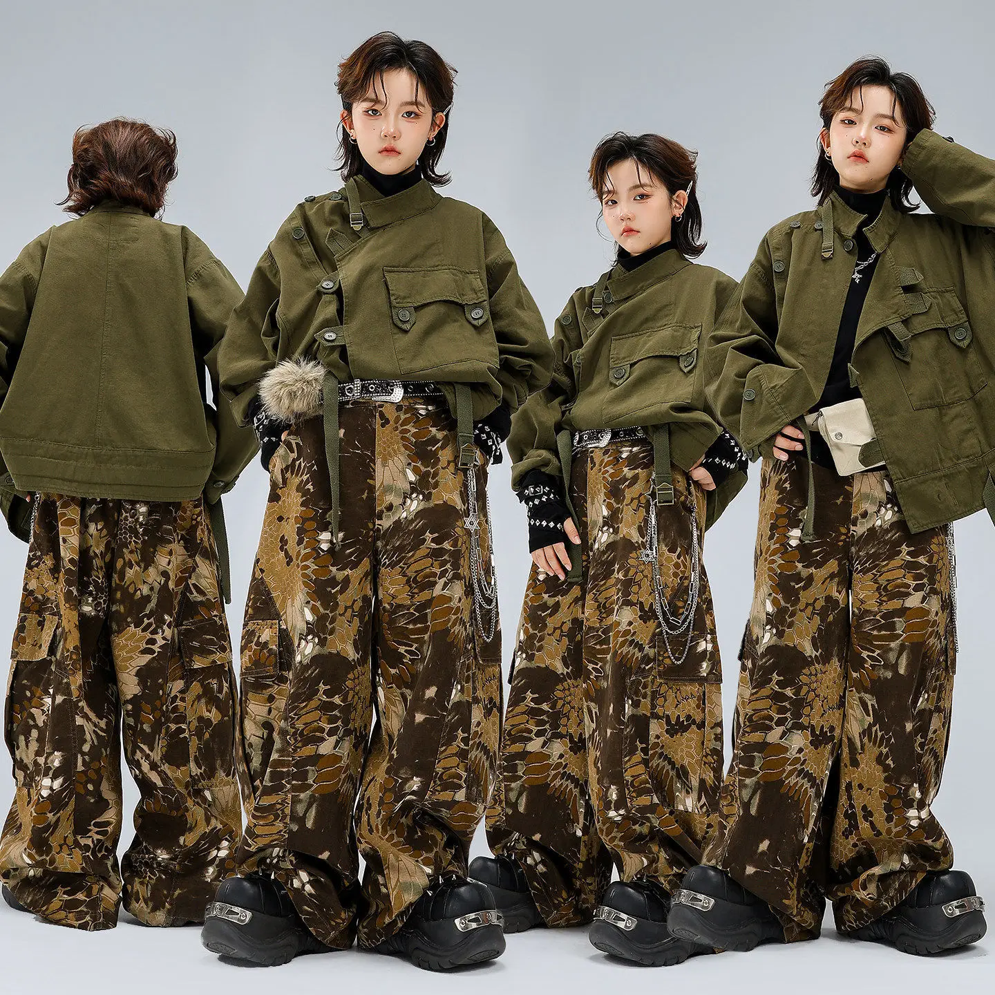 

Kid Kpop Hip Hop Clothing Army Green Strap Cargo Jacket Top Snake Pattern Cargo Pants for Girl Boy Street Dance Costume Clothes