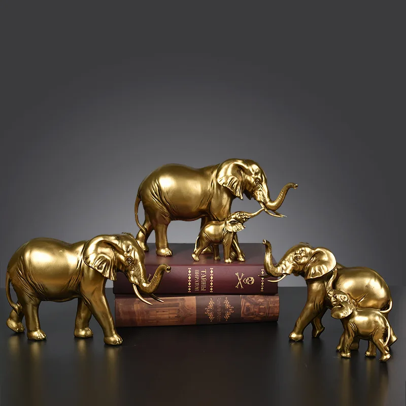Mother and Child Elephant Sculpture Home Decoration Golden Statue Living Room TV Desktop Decoration Elephant Statue