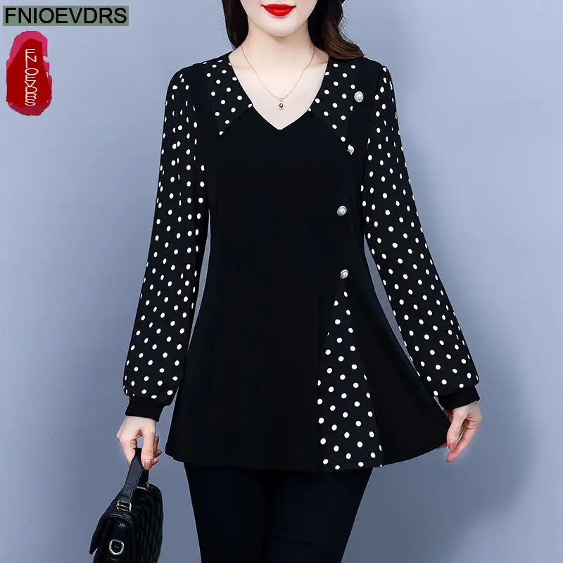 L-5XL 2024 Women European Style Office Lady Long Shirt Patchwork Leopard Print Dot Ruffle Belly Black Tunic Peplum Top Blouses