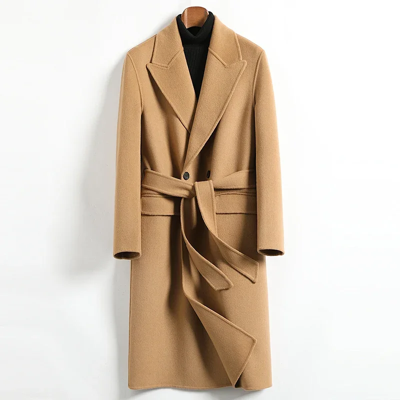 

100% Pure Wool Coat Men Double-sided Woolen Coat Men's Medium Double-breasted Over-the-knee Belt Woolen Jacket Winter