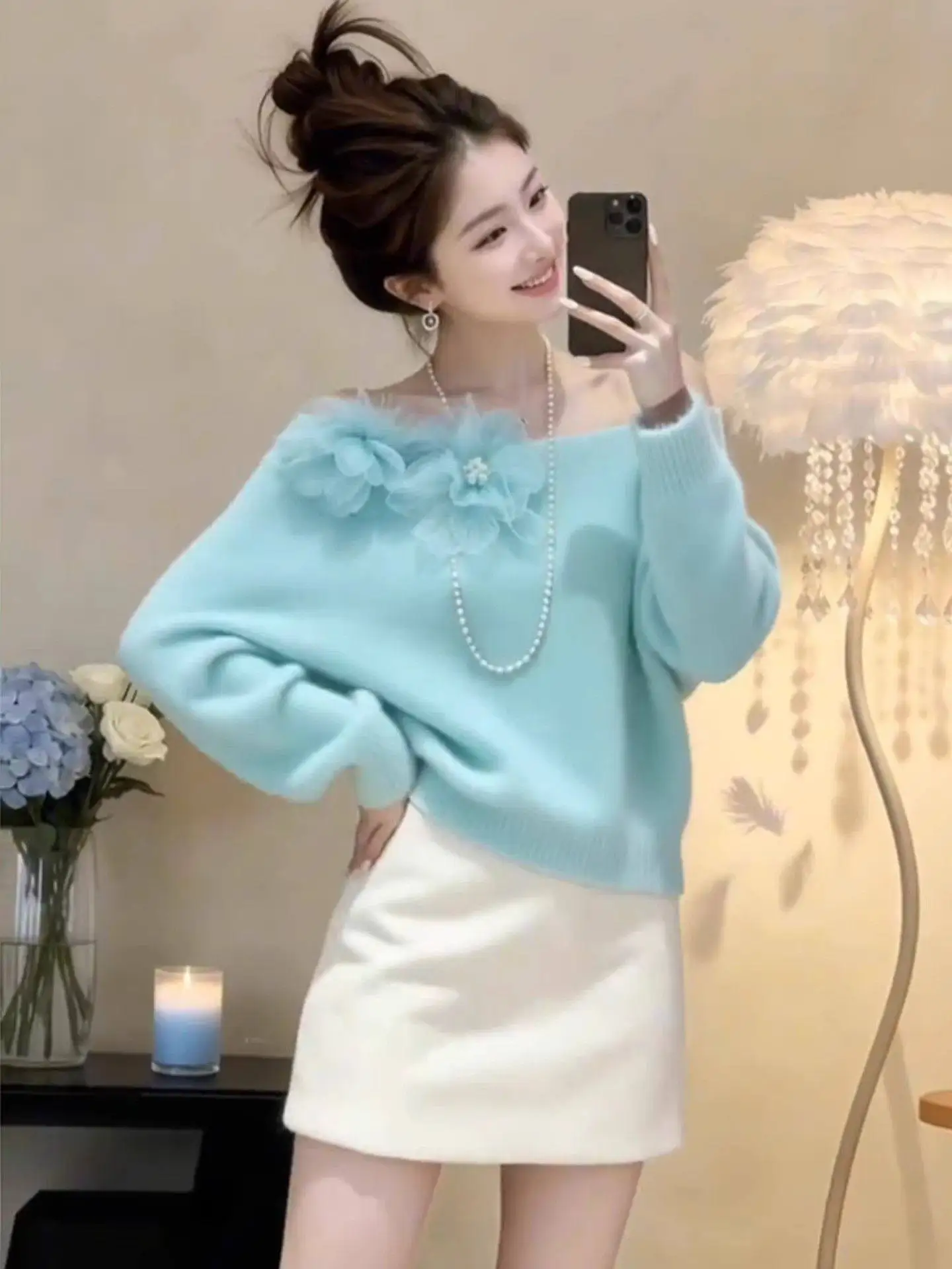 

Faionable Knitted One-oulder Sweater for Women Gentle Sle Versatile Autumn Winter High-End Feeling Ladylike Top