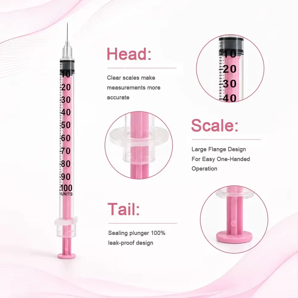1Ml 31g/30g 8MM/6mm Pink Insulin Syringen Laboratory Syringe, Plastic Needle Individually Pack EO Gas Sterilized in Blister Pack