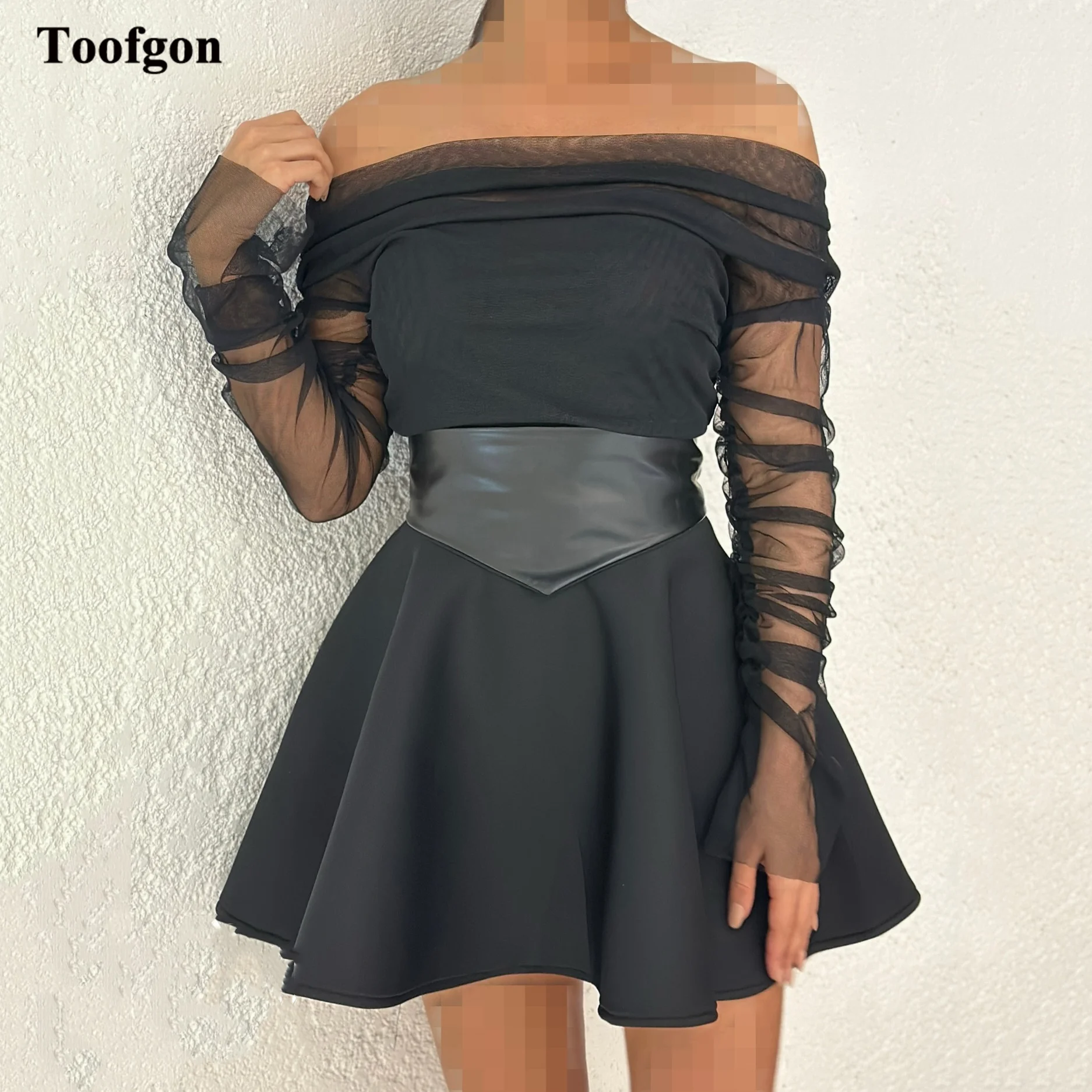 

Toofgon Black Tulle Long Sleeves Prom Dresses Customized Above Knee Mini Crepe Formal Cocktail Party Homecoming Gowns 2026