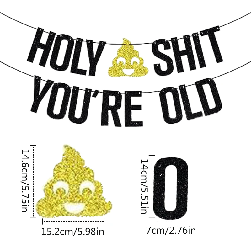 Holy Shit You're Old Banner Black Glitter, Funny 30th 40th 50h 60th 70th 80th 90th Birthday Party Decorations Birthday Banner