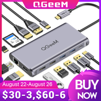 QGeeM USB C Hub for Macbook Pro Triple Display Type C Hub to Dual 4K HDMI & DP Micro SD Card Readers RJ45 Aux PD USB Hub Adapter