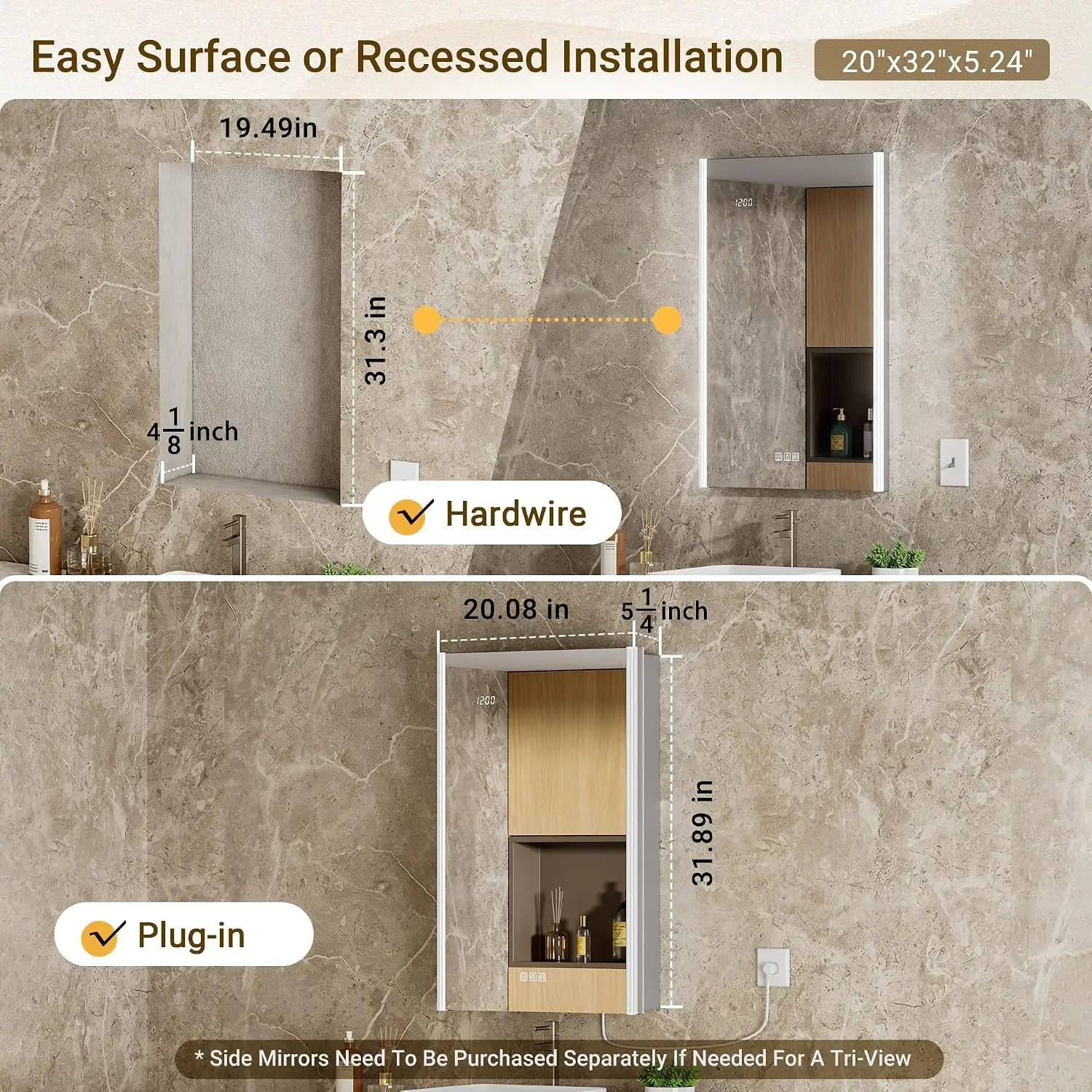 Lighted Medicine Cabinet Mirror, Night Lamp, Surface & Recessed, Outlet, Clock, Fogless Dimmable LED, Sensor, 20x32, Customized