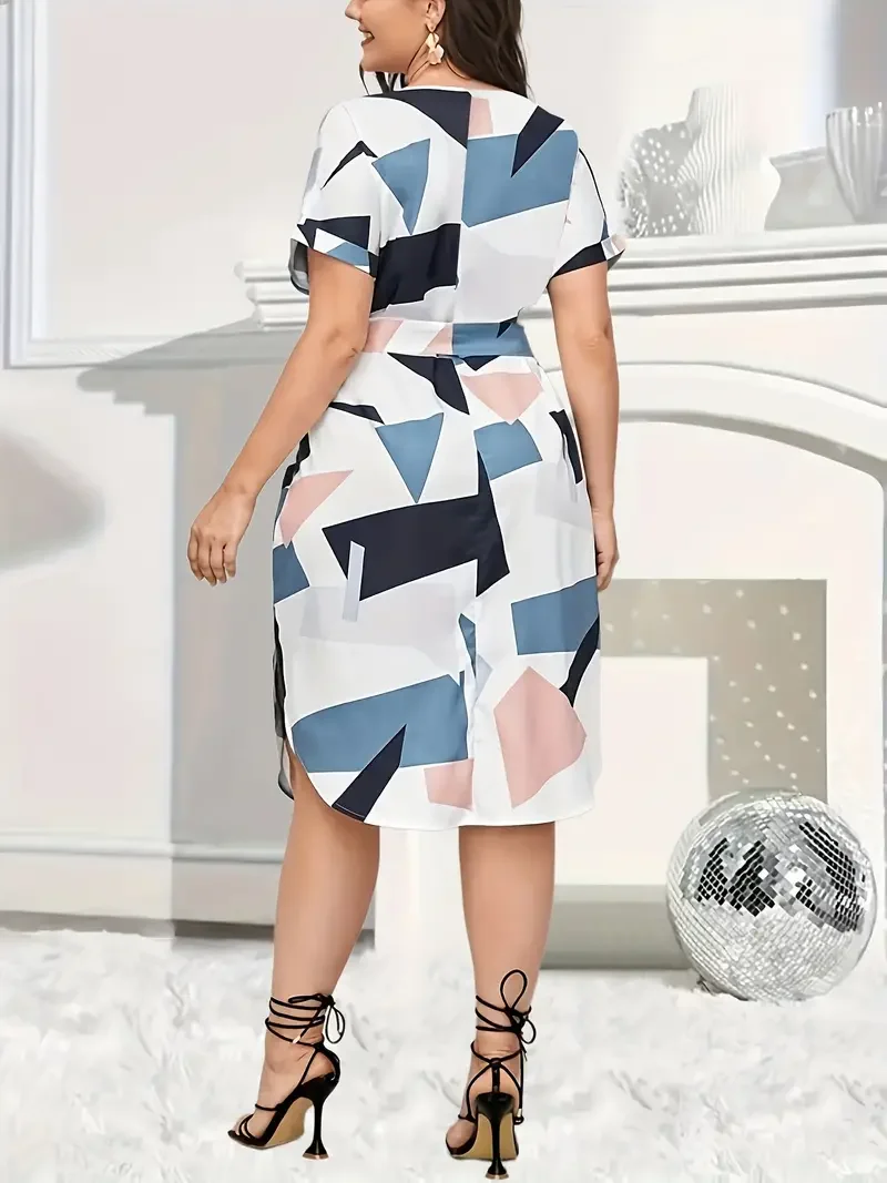 Moda damska Plus rozmiar 1XL-5XL sukienka z blokami kolorów damska elegancka sukienka z karbowanym dekoltem i rozcięciem z paskiem sukienka z rękawami w kształcie skrzydła nietoperza