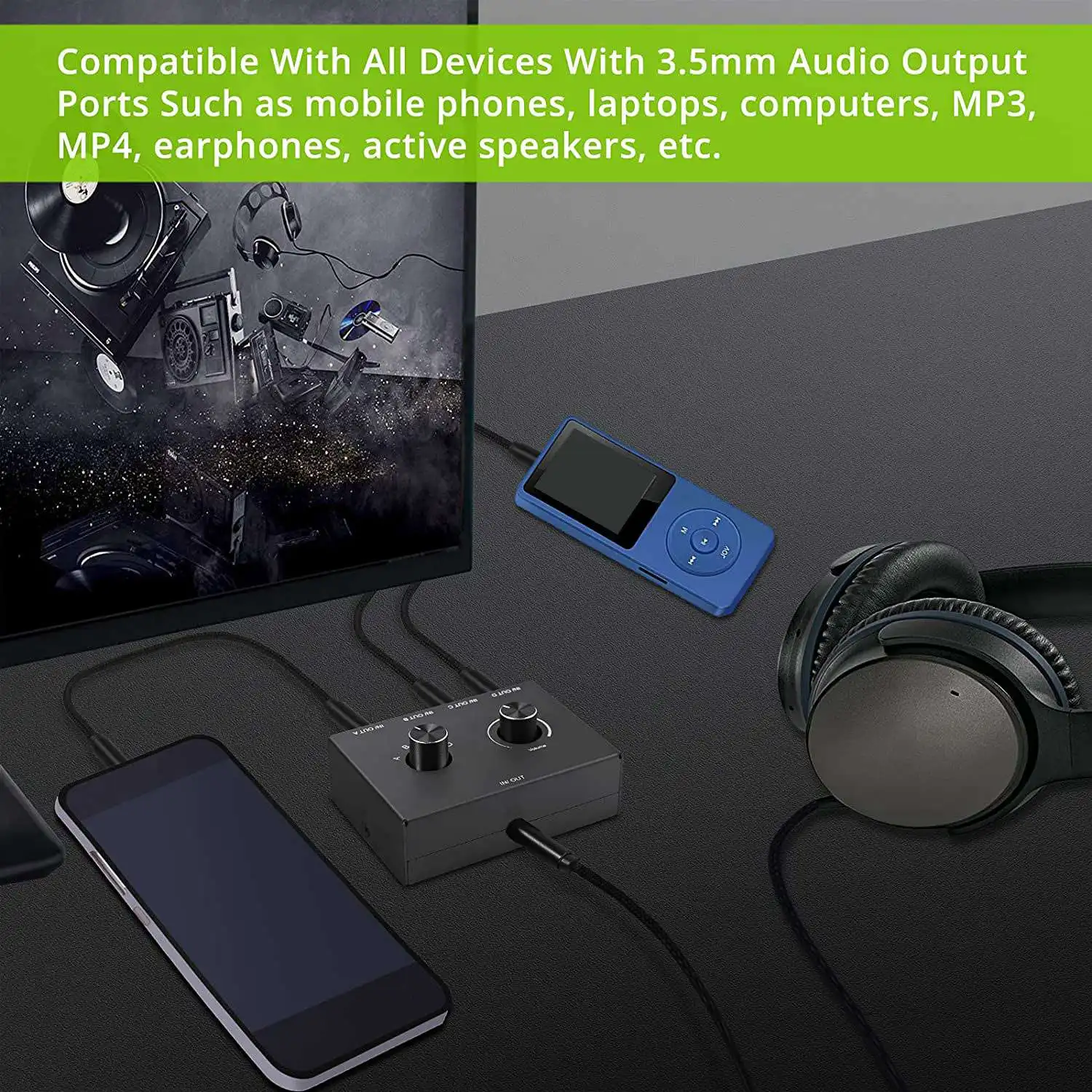 Switcher de áudio estéreo para PC, telefone, laptop, suporte para fones de ouvido, 4 portas, 3,5mm, 1 em 4