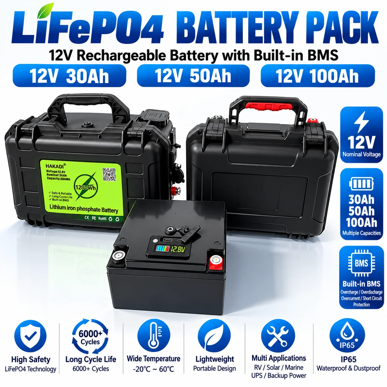 HAKADI 12V LiFePO4 Rechargeable Battery 30Ah 52Ah 100Ah with Built-in BMS for RV Camping Boat Marine Solar Power Supply