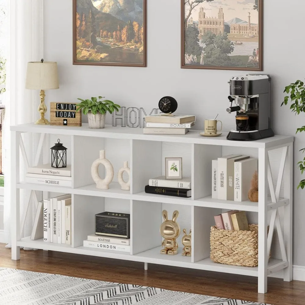 Cube Storage Organizer Bookshelf, Rustic Wood Cubby Bookcase, Industrial Horizontal Long Shelf for Living Room