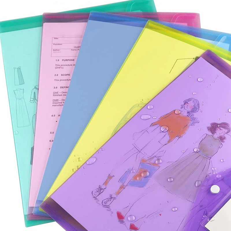 12Pcs Multi File Envelope PVC Snap Button File Bag A4 Plastic With Business Card Holder File Bag