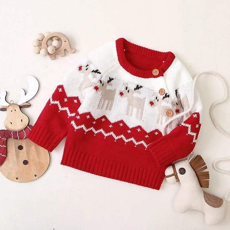 

2022 Fashion Christmas New Year Sweater Toddler Infant Girl Boy Knitted Clothes Newborn Casual Soft Bodysuits For 0-2 Years