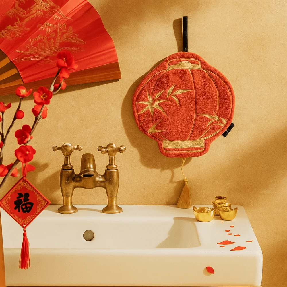 Toalla de mano estilo linterna creativa, absorbente, gruesa, linterna roja, toallas de lavado, bordado chino de doble propósito