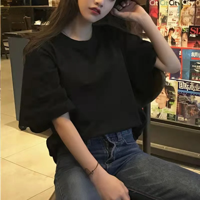 Pure Cotton Black and White T-shirt for Women Summer Wear 2024 New Loose Short Sleeved Bottom Shirt Student White T-shirt Trend