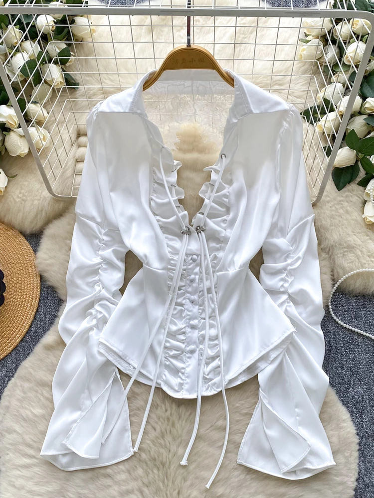 Foamlina Floral Lace Hem Open Back Slim Shirt Women Fashion Solid Deep V Neck Long Sleeve Lace Up Buttons Ruched Shirt Blouse