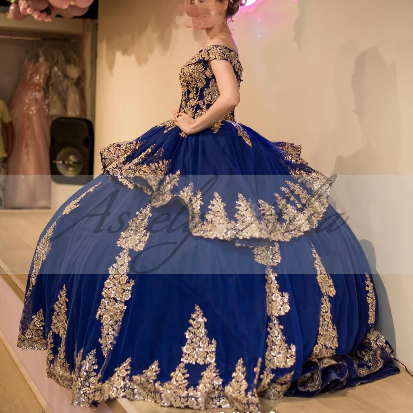 Elegante vestido de fiesta de quinceañera para mujer, ropa de fiesta de cumpleaños, apliques de hombros descubiertos, oro azul mexicano, 15, 16