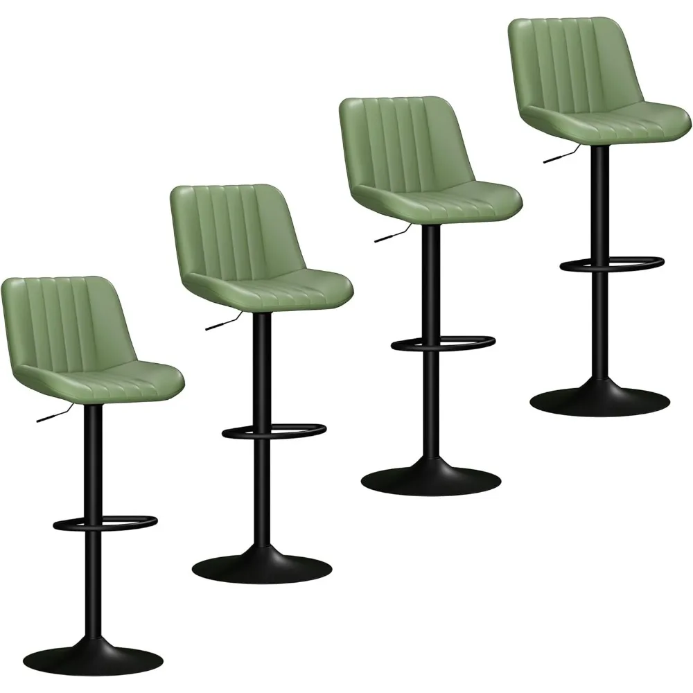Set of 4 Swivel Adjustable Leather Bar Stools, Green, for Kitchen Island Counter Height