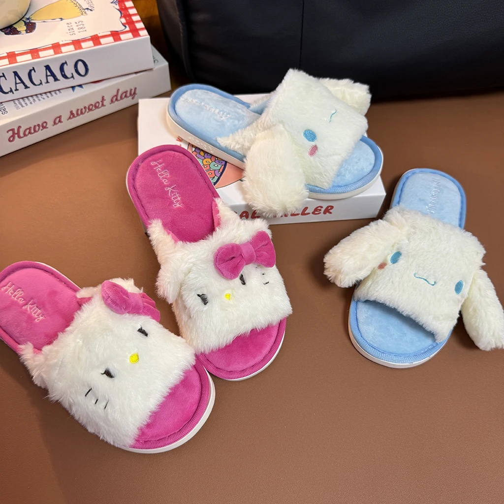 만화 헬로 키티 Cinnamoroll 플러시 오픈 토 슬리퍼 귀여운 애니메이션 부드러운 실내 홈 슬리퍼 여성 소녀 플랫 미끄럼 방지 컴포트