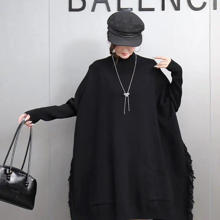 Elegant temperament wind niche design sense cloak sweater 2024 winter new loose bat-sleeved high-neck sweater