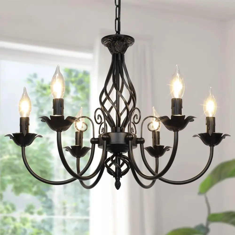 

Rustic 6-Light Industrial Pendant Light for Living Room, Dining Area, and Hallway with Matte Black E12 Sockets