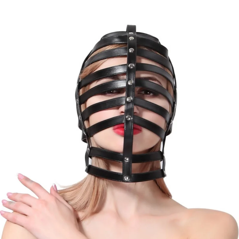 Gothic Costumes Slave Adjustable Head Mask Leather Headgear Kinky Strappy Cage Bondage Hood Men Women Fetish Cosplay Halloween