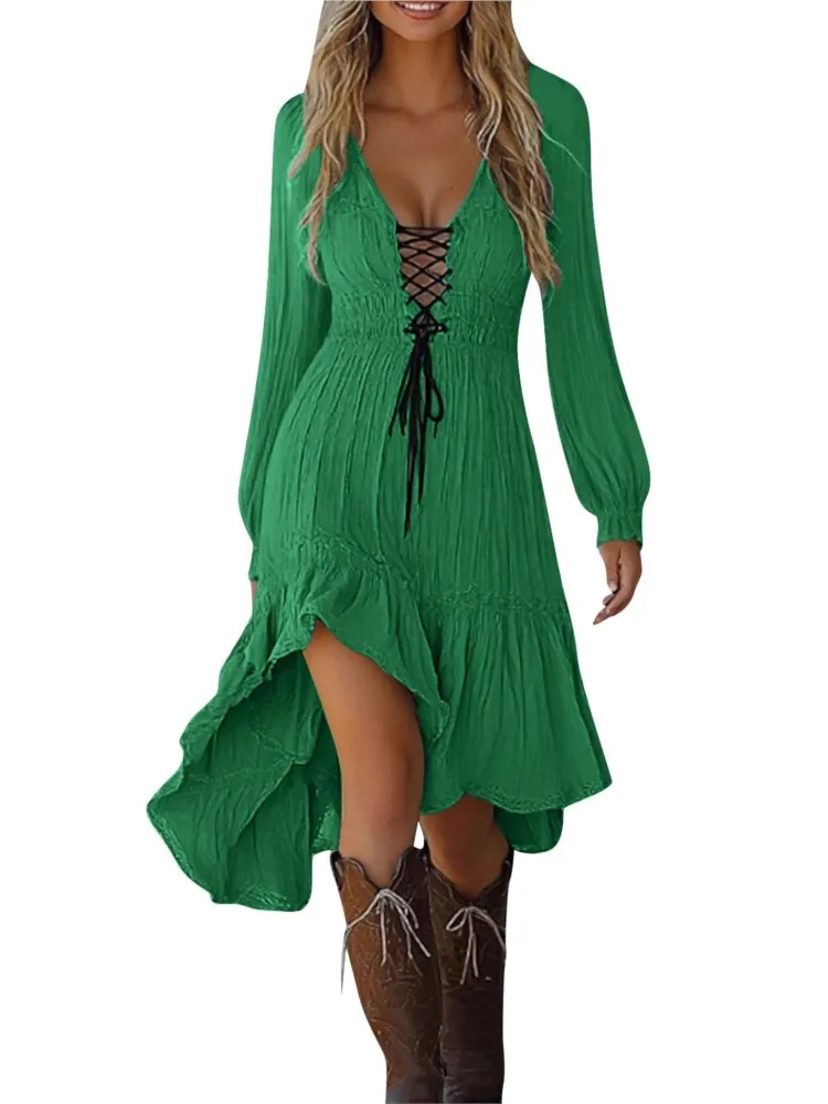 

Bohemia Dress Vestidos Dresses 2025 Woman Vestido Feminino Beachwear Solid Color Leace-up Holiday Wrinkles Irregular Long Sleeve