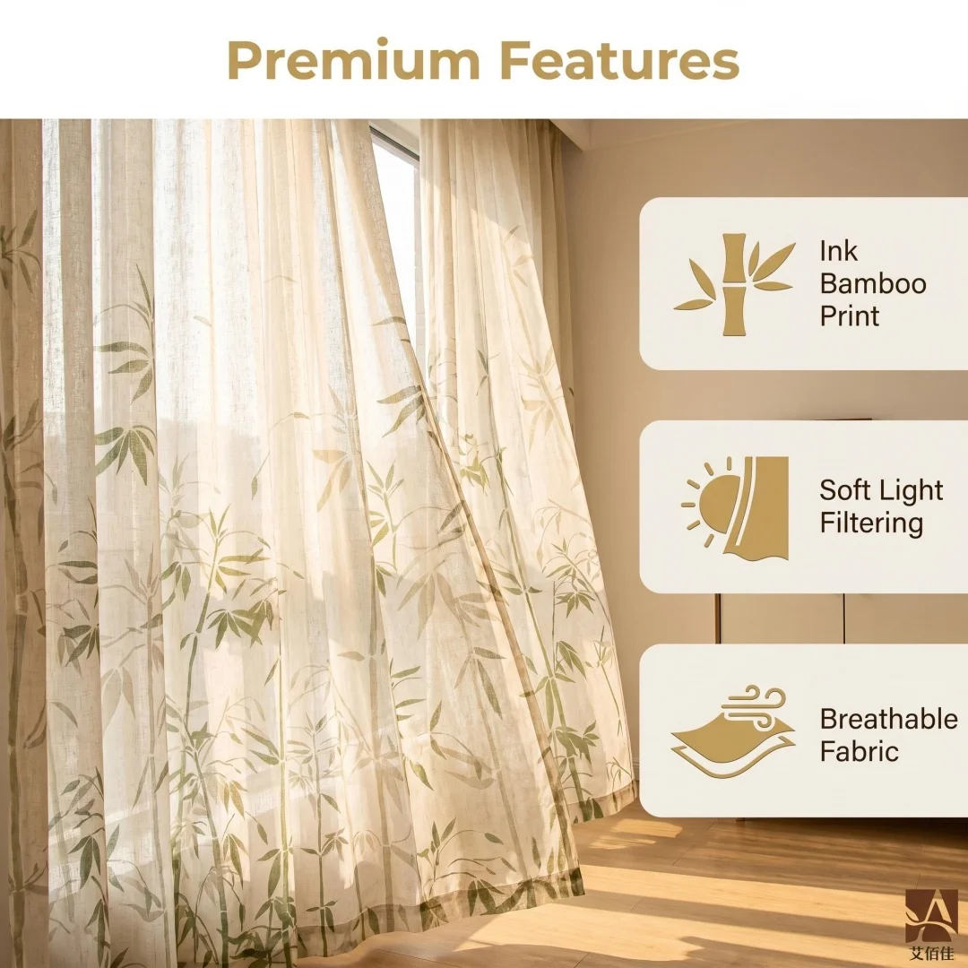 Curtains  linen gauze curtains are opaque. Ink wind curtains are printed with rich bamboo in the living room and bedroom.