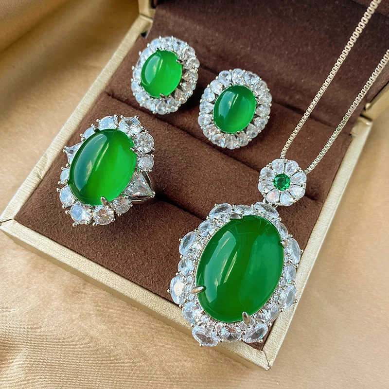 

Premium Green Chalcedony Necklace Earrings 3 Piece Women's Everyday Jewelry Set Suitable For Wedding Prom Dress Gift M-779