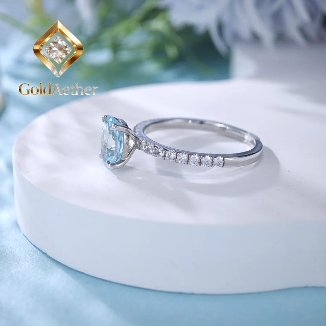 GoldNouveau 1.5Ct 6*8mm Created Sea Turquoise Engagement Ring for Women 925 Sterling Silver Jewelry Wedding Ring 228