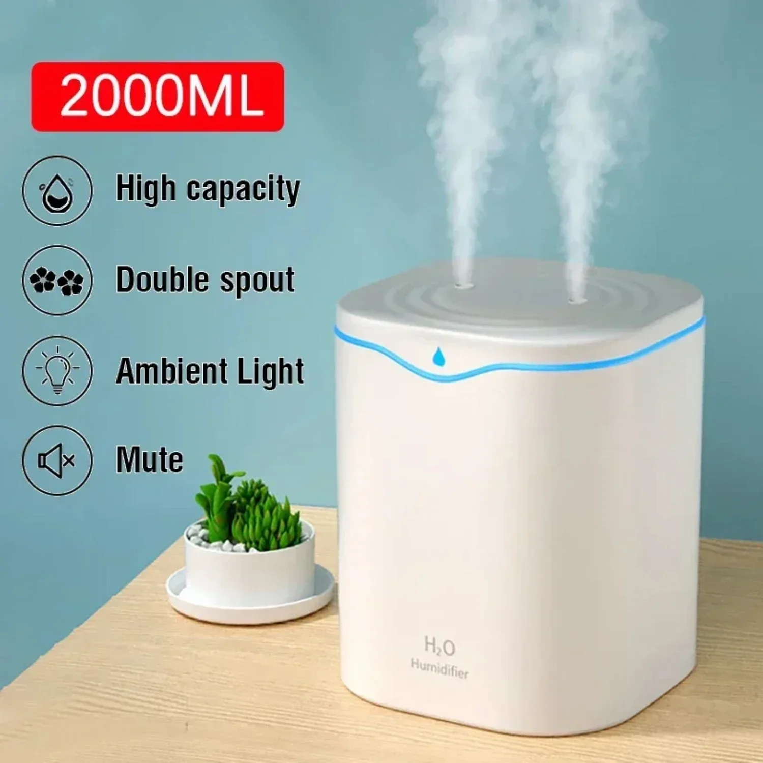 Large Capacity 2000ML USB Air Humidifier for Office with Dual Spray Port – Essential Oil Aromatherapy Diffuser and Cool Mist M