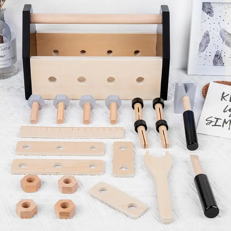 

Wooden Tool Toy Toolbox For Toddler Montessori Tool Kit With Tool Box Screwdriver Wrench Hammer Ruler Screws Nuts & Nail