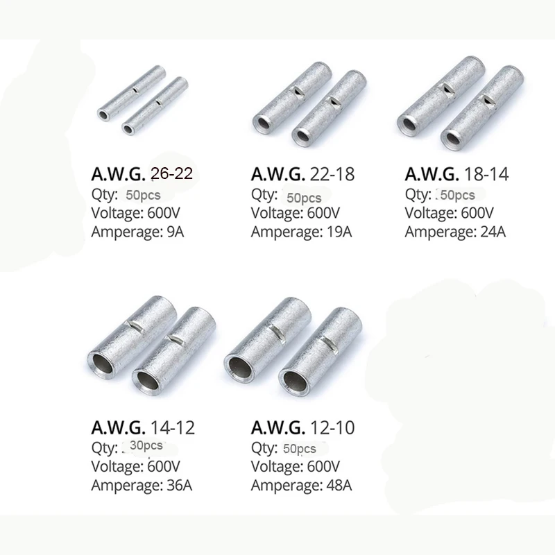 Non Insulated Butt Connectors 230pcs 26-10 Gauge Electrical Wire Seamless Uninsulated Butt Connectors Crimp Ferrule Terminals