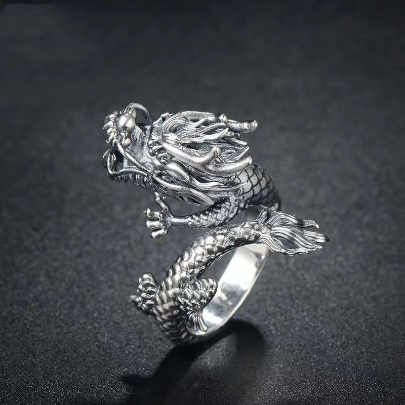 Fashion S925 Silver Ring Men's Vintage Tyrannosaurus Ring Male Index Finger Accessories Personality Dragon Design Hand Ornament