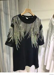 Letnie koszulki w stylu Harajuku z okrągłym dekoltem modne Casual Rhinestone graficzny nadruk t-shirty luksusowe duże tuniki damskie odzież Y2K