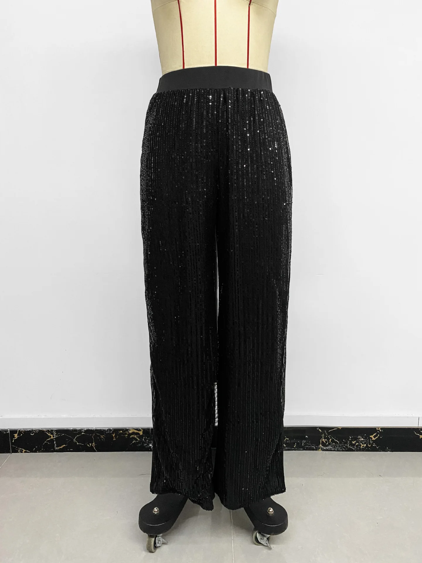 Womens Black Trendy Fashionable Elastic Waistband Sequin Splicing Straight Leg Pants Fashionable Retro Elegant Comfortable Pants